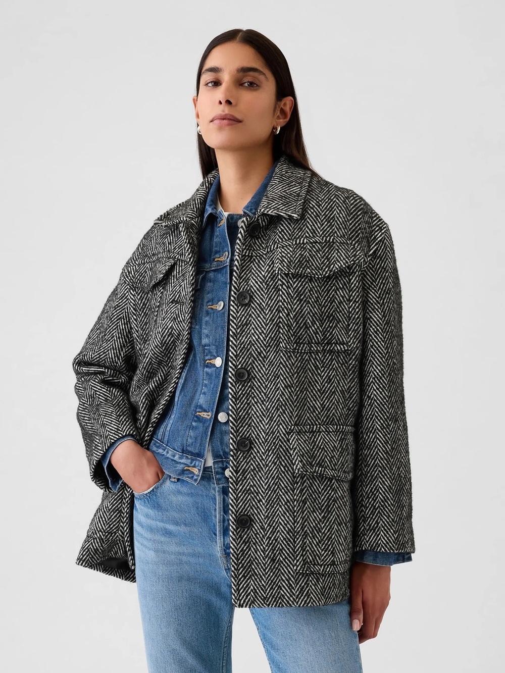 GAP Black White Herringbone Lined Car Coat Jacket, Business Casual, Small Tall